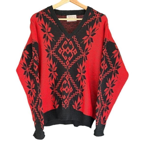 🐿️Reminiscence By Stewart Richer Vintage 100% Wool Red & Black Sweater L - Picture 1 of 7